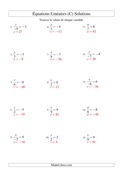 Résolution d'Équations Linéaires (Incluant Valeurs Négatives) -- Forme x/a = c (C) page 2