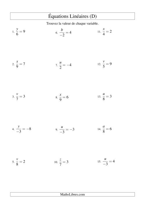 Résolution d'Équations Linéaires (Incluant Valeurs Négatives) -- Forme x/a = c (D)