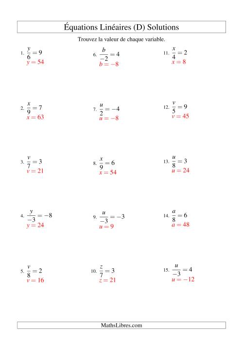 Résolution d'Équations Linéaires (Incluant Valeurs Négatives) -- Forme x/a = c (D) page 2