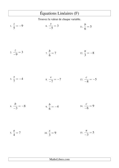 Résolution d'Équations Linéaires (Incluant Valeurs Négatives) -- Forme x/a = c (F)