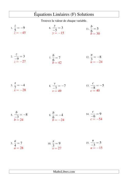 Résolution d'Équations Linéaires (Incluant Valeurs Négatives) -- Forme x/a = c (F) page 2