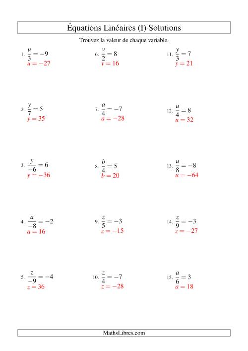 Résolution d'Équations Linéaires (Incluant Valeurs Négatives) -- Forme x/a = c (I) page 2