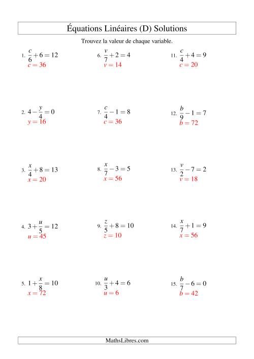 Résolution d'Équations Linéaires -- Forme x/a ± b = c (D) page 2