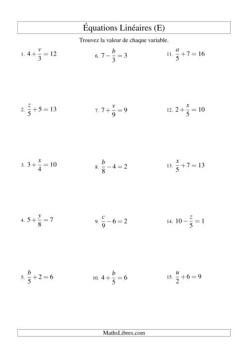 Résolution d'Équations Linéaires -- Forme x/a ± b = c (E)