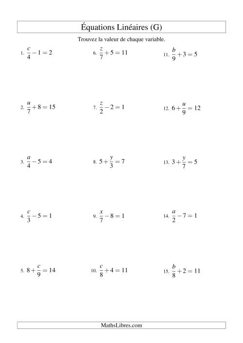 Résolution d'Équations Linéaires -- Forme x/a ± b = c (G)