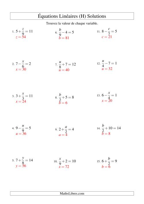Résolution d'Équations Linéaires -- Forme x/a ± b = c (H) page 2