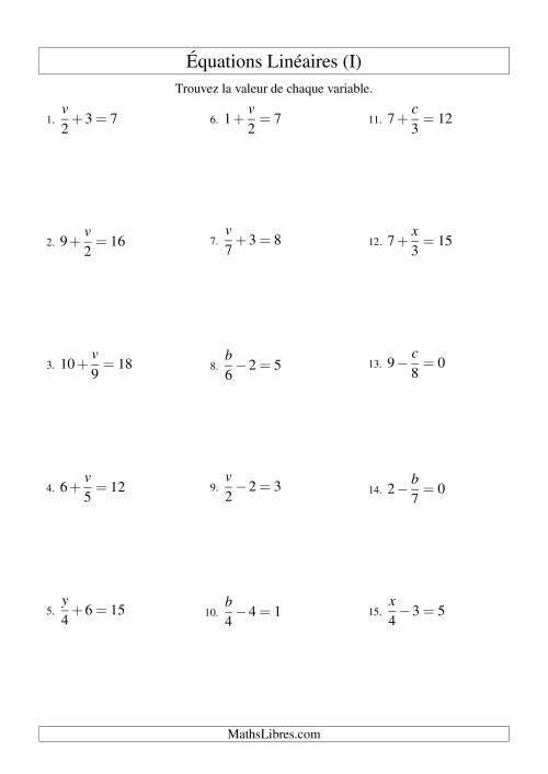 Résolution d'Équations Linéaires -- Forme x/a ± b = c (I)