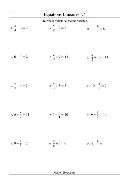 Résolution d'Équations Linéaires -- Forme x/a ± b = c (J)