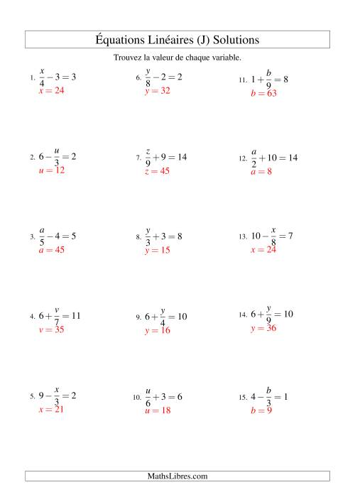 Résolution d'Équations Linéaires -- Forme x/a ± b = c (J) page 2