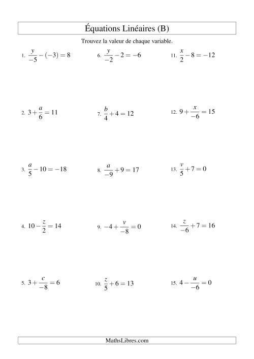 Résolution d'Équations Linéaires (Incluant Valeurs Négatives) -- Forme x/a ± b = c (B)