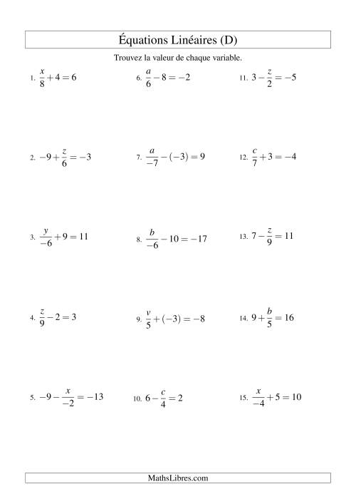 Résolution d'Équations Linéaires (Incluant Valeurs Négatives) -- Forme x/a ± b = c (D)