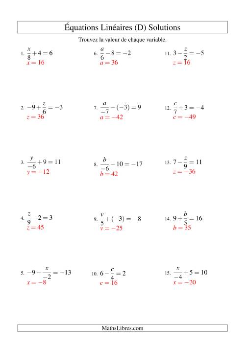 Résolution d'Équations Linéaires (Incluant Valeurs Négatives) -- Forme x/a ± b = c (D) page 2