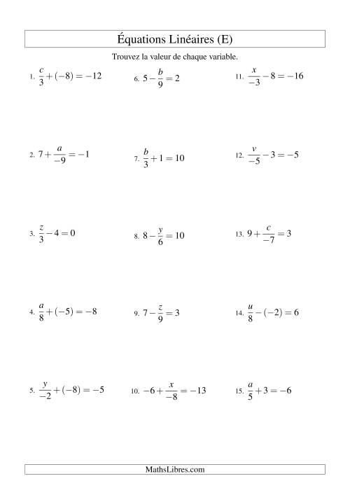 Résolution d'Équations Linéaires (Incluant Valeurs Négatives) -- Forme x/a ± b = c (E)