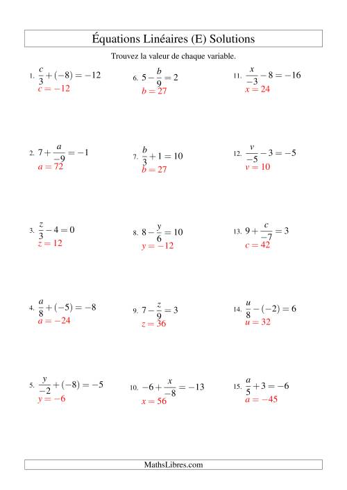 Résolution d'Équations Linéaires (Incluant Valeurs Négatives) -- Forme x/a ± b = c (E) page 2