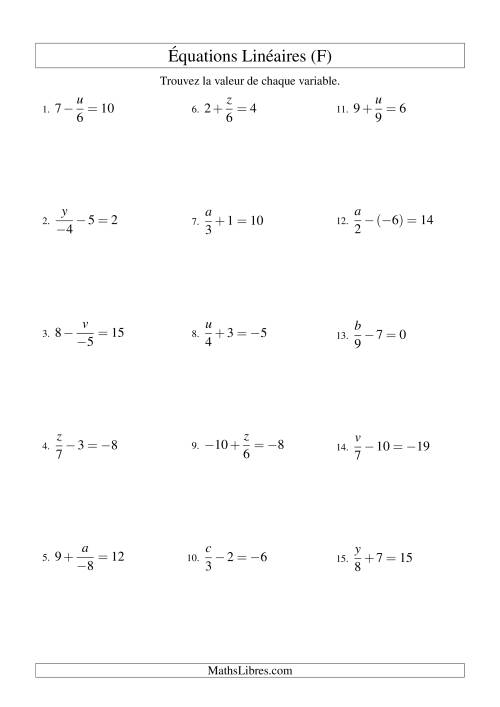 Résolution d'Équations Linéaires (Incluant Valeurs Négatives) -- Forme x/a ± b = c (F)