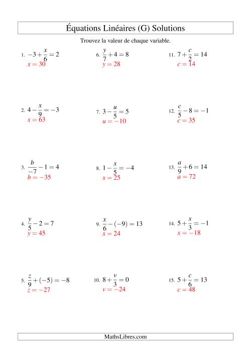 Résolution d'Équations Linéaires (Incluant Valeurs Négatives) -- Forme x/a ± b = c (G) page 2