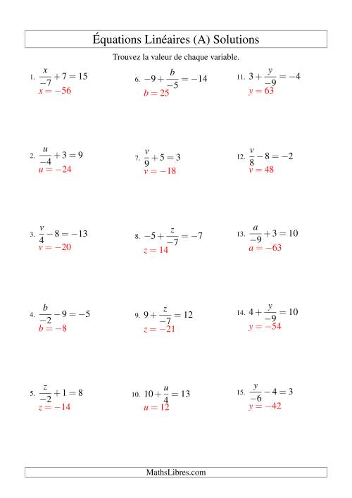 Résolution d'Équations Linéaires (Incluant Valeurs Négatives) -- Forme x/a ± b = c (Tout) page 2