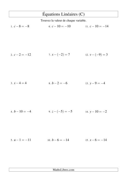 Résolution d'Équations Linéaires (Incluant Valeurs Négatives) -- Forme x - b = c (C)