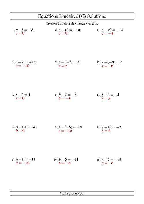 Résolution d'Équations Linéaires (Incluant Valeurs Négatives) -- Forme x - b = c (C) page 2