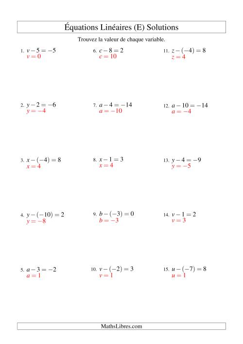 Résolution d'Équations Linéaires (Incluant Valeurs Négatives) -- Forme x - b = c (E) page 2