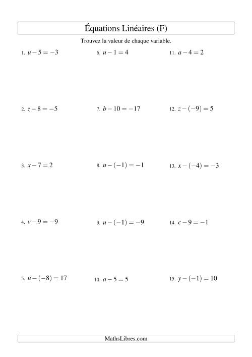 Résolution d'Équations Linéaires (Incluant Valeurs Négatives) -- Forme x - b = c (F)