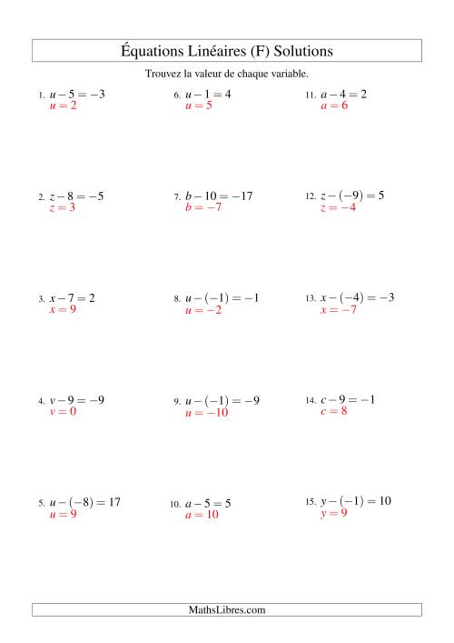 Résolution d'Équations Linéaires (Incluant Valeurs Négatives) -- Forme x - b = c (F) page 2