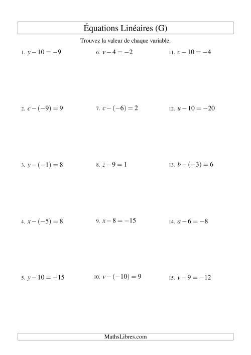 Résolution d'Équations Linéaires (Incluant Valeurs Négatives) -- Forme x - b = c (G)
