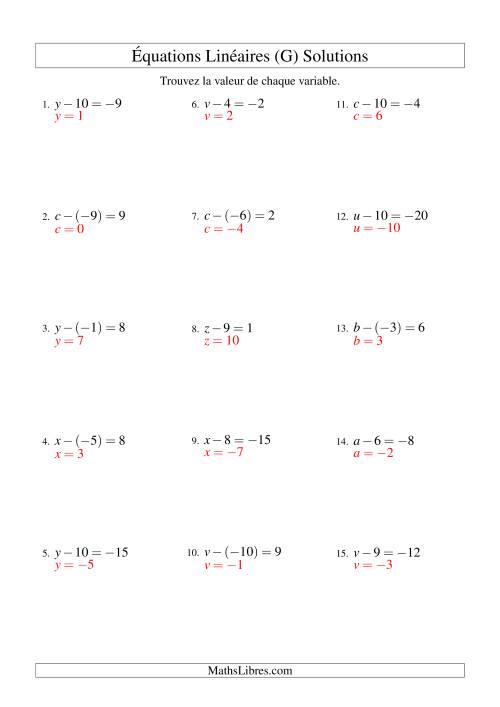 Résolution d'Équations Linéaires (Incluant Valeurs Négatives) -- Forme x - b = c (G) page 2