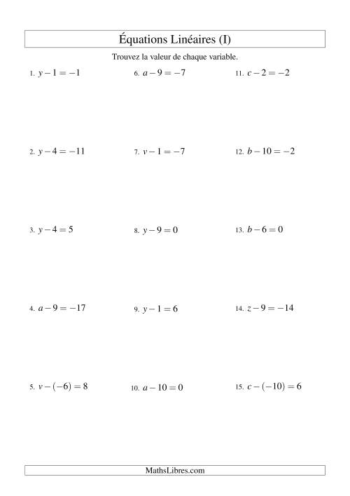 Résolution d'Équations Linéaires (Incluant Valeurs Négatives) -- Forme x - b = c (I)