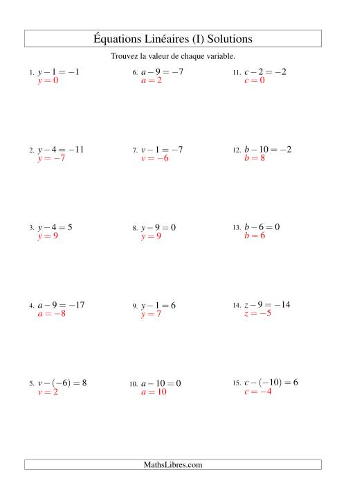 Résolution d'Équations Linéaires (Incluant Valeurs Négatives) -- Forme x - b = c (I) page 2