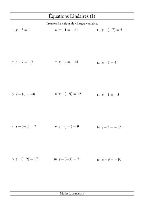 Résolution d'Équations Linéaires (Incluant Valeurs Négatives) -- Forme x - b = c (J)