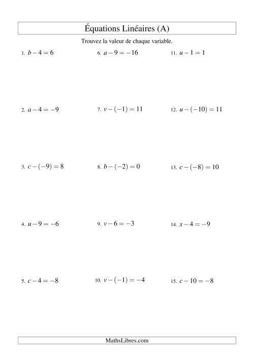 Résolution d'Équations Linéaires (Incluant Valeurs Négatives) -- Forme x - b = c (Tout)