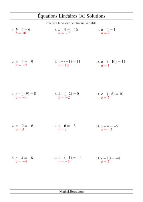 Résolution d'Équations Linéaires (Incluant Valeurs Négatives) -- Forme x - b = c (Tout) page 2