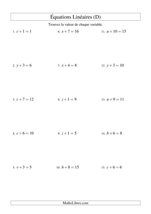 Résolution d'Équations Linéaires -- Forme x + b = c (D)