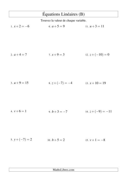 Résolution d'Équations Linéaires (Incluant Valeurs Négatives) -- Forme x + b = c (B)