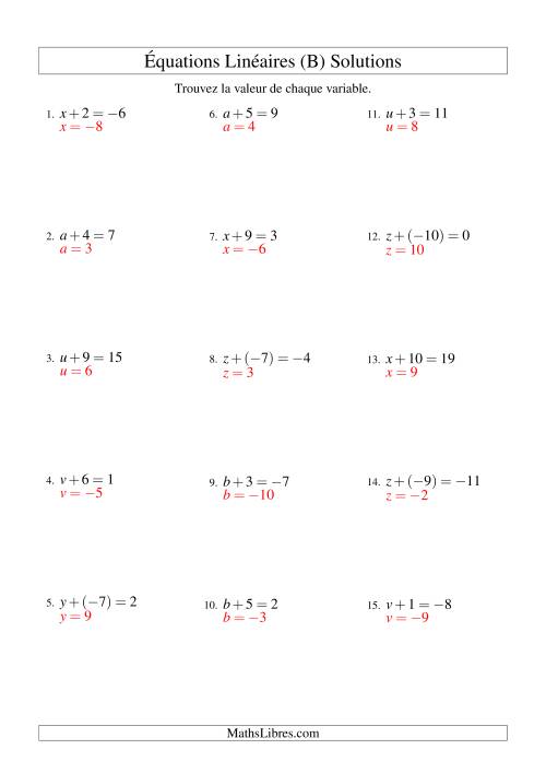 Résolution d'Équations Linéaires (Incluant Valeurs Négatives) -- Forme x + b = c (B) page 2