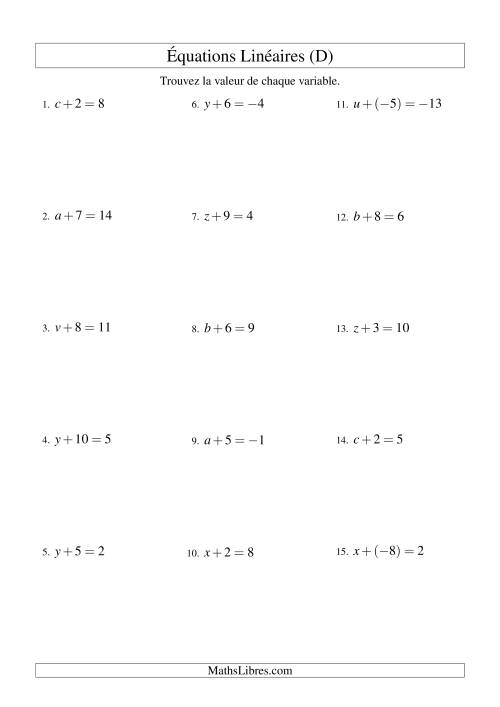 Résolution d'Équations Linéaires (Incluant Valeurs Négatives) -- Forme x + b = c (D)