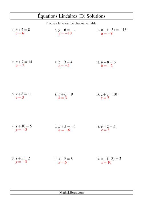 Résolution d'Équations Linéaires (Incluant Valeurs Négatives) -- Forme x + b = c (D) page 2