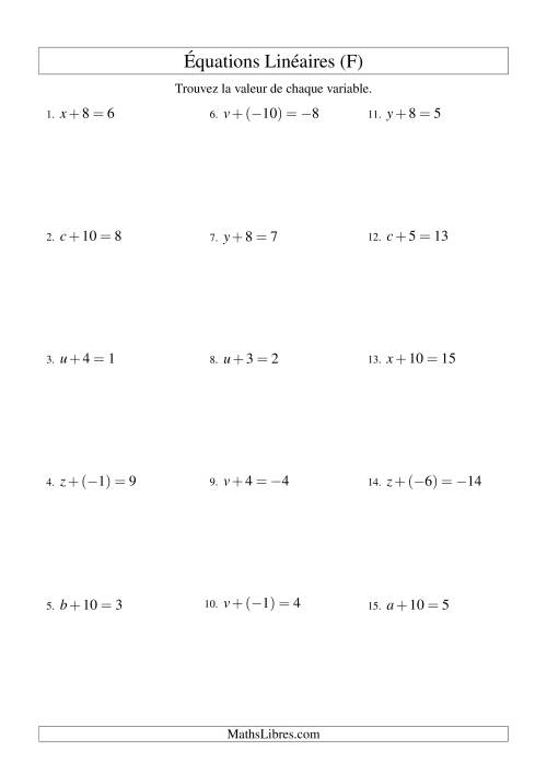 Résolution d'Équations Linéaires (Incluant Valeurs Négatives) -- Forme x + b = c (F)