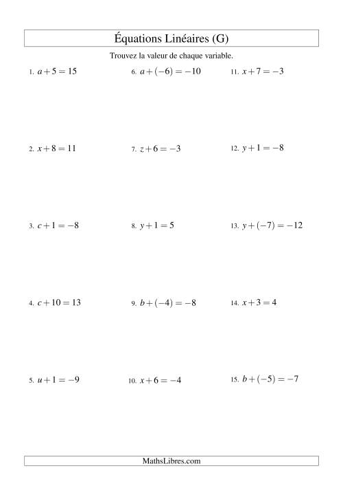 Résolution d'Équations Linéaires (Incluant Valeurs Négatives) -- Forme x + b = c (G)