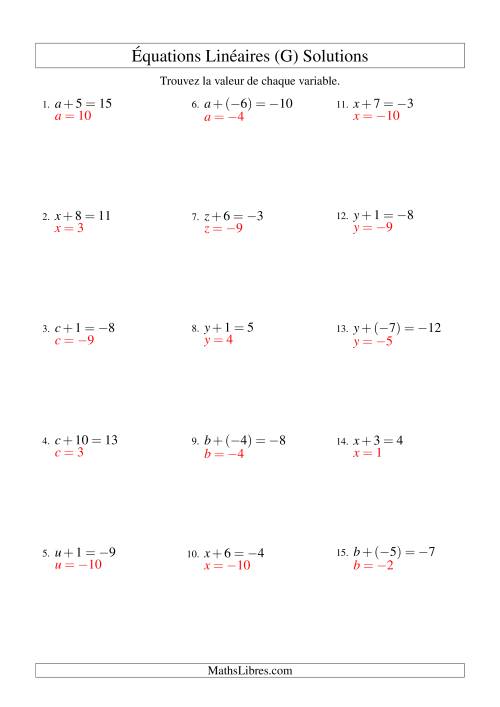 Résolution d'Équations Linéaires (Incluant Valeurs Négatives) -- Forme x + b = c (G) page 2