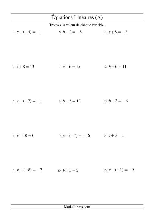 Résolution d'Équations Linéaires (Incluant Valeurs Négatives) -- Forme x + b = c (Tout)