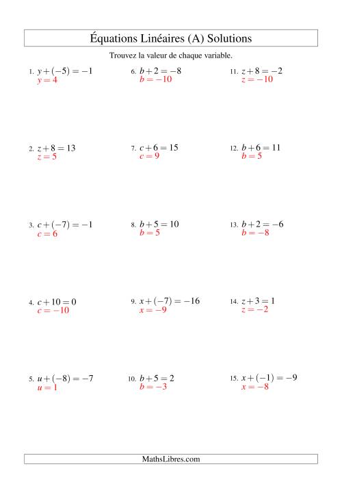 Résolution d'Équations Linéaires (Incluant Valeurs Négatives) -- Forme x + b = c (Tout) page 2