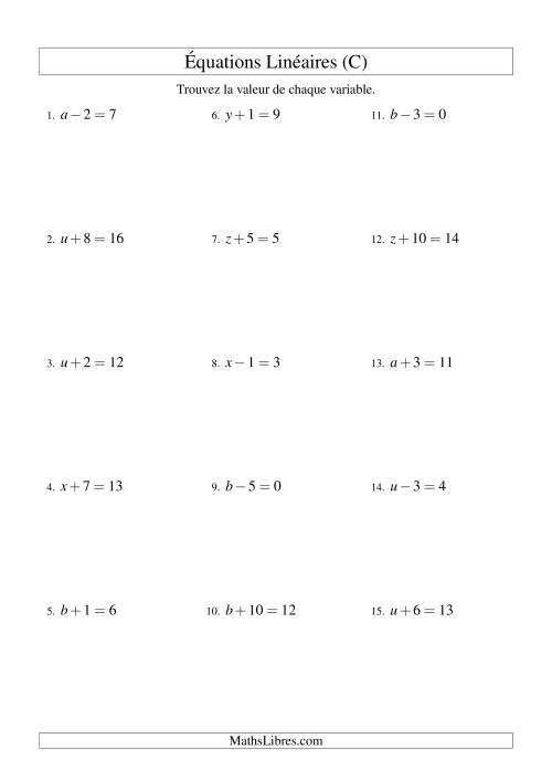 Résolution d'Équations Linéaires -- Forme x ± b = c (C)