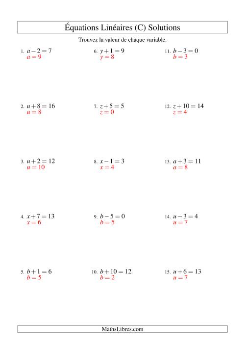 Résolution d'Équations Linéaires -- Forme x ± b = c (C) page 2