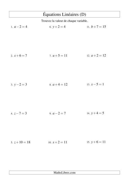Résolution d'Équations Linéaires -- Forme x ± b = c (D)