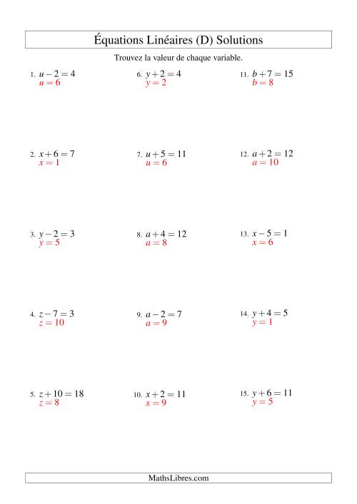 Résolution d'Équations Linéaires -- Forme x ± b = c (D) page 2