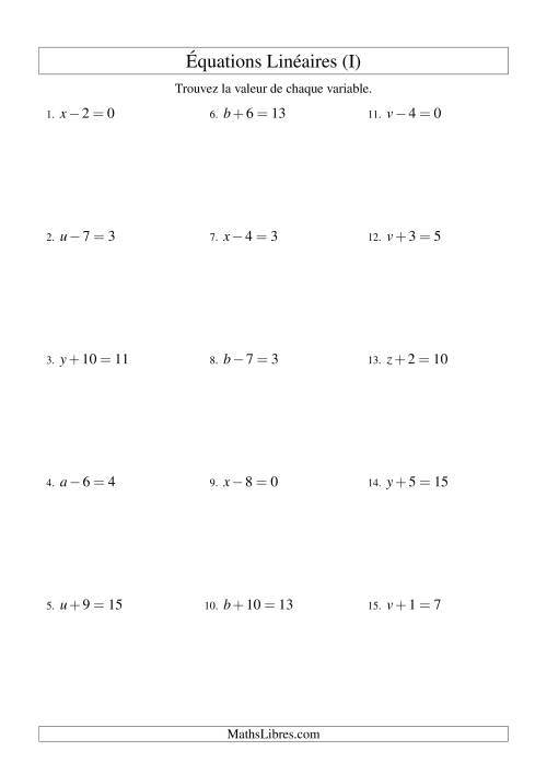 Résolution d'Équations Linéaires -- Forme x ± b = c (I)