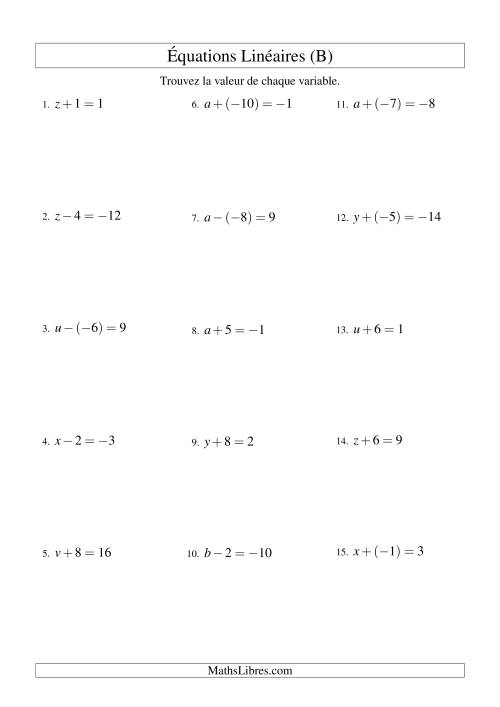 Résolution d'Équations Linéaires (Incluant Valeurs Négatives) -- Forme x ± b = c (B)