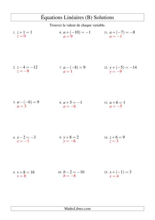 Résolution d'Équations Linéaires (Incluant Valeurs Négatives) -- Forme x ± b = c (B) page 2